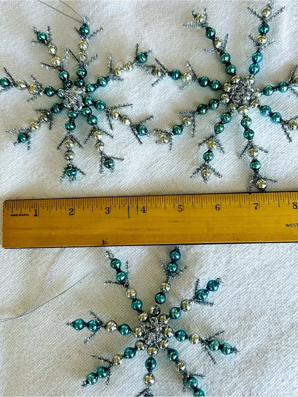 3 Vintage repurposed holiday Christmas glass garland bead snow flake ornaments